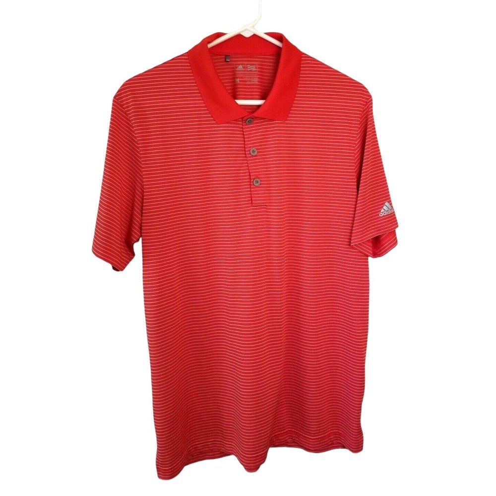 ADIDAS Polo Golf Men's Shirt Red Short Sleeve Striped Size M, PIT TO PIT 22 IN